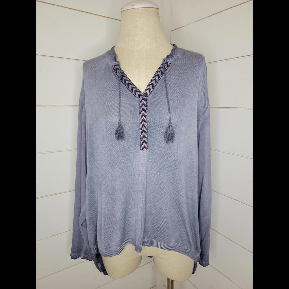 Ivy and Lace small washed blue sweater front blouse back mixed media shirt